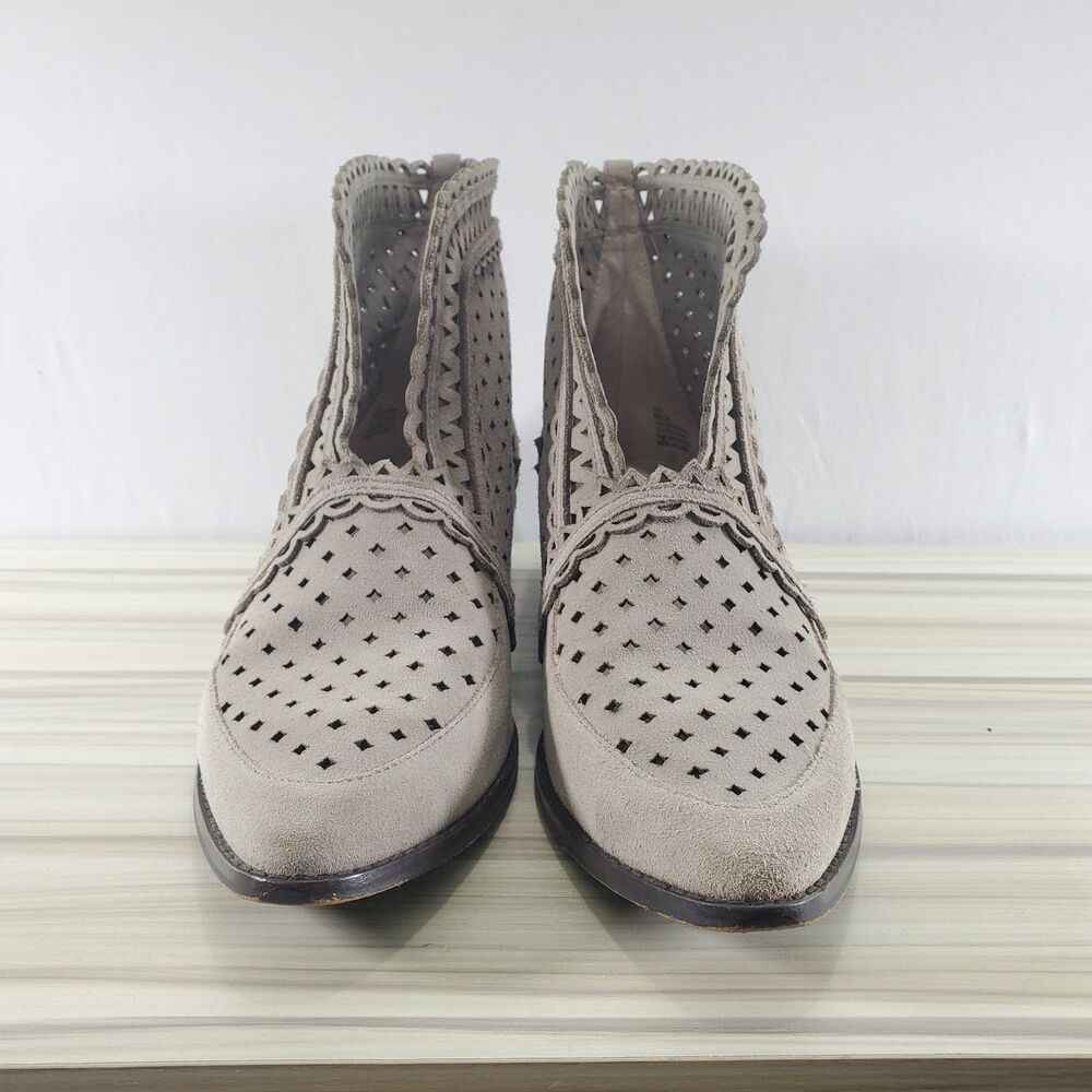 8 Cecelia Anthropologie Tate Suede Bootie Cut Out Perforated Taupe Ankle Boot - Picture 3 of 10